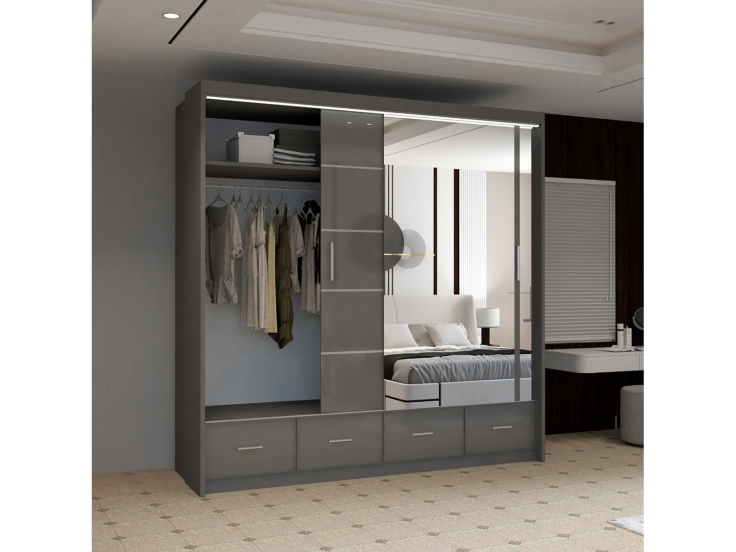 High Gloss Sliding Door Wardrobe with Mirror and Drawers - grey 203cm - Derry