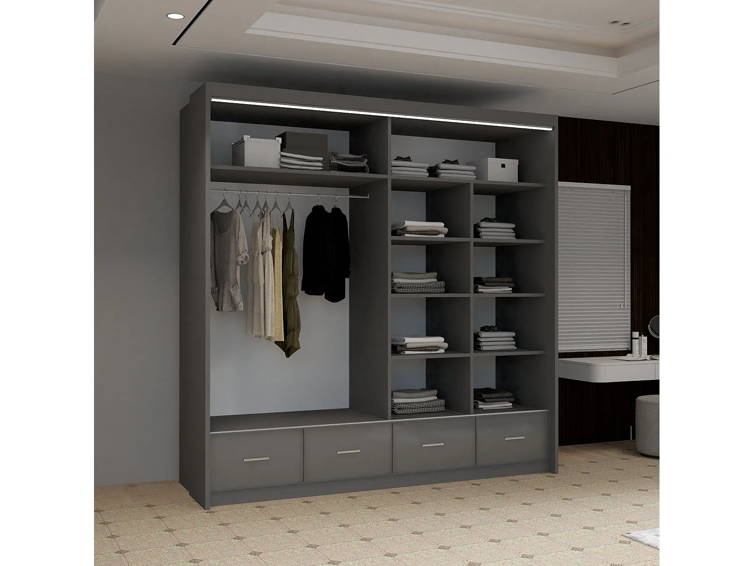 High Gloss Sliding Door Wardrobe with Mirror and Drawers - grey 203cm - Derry