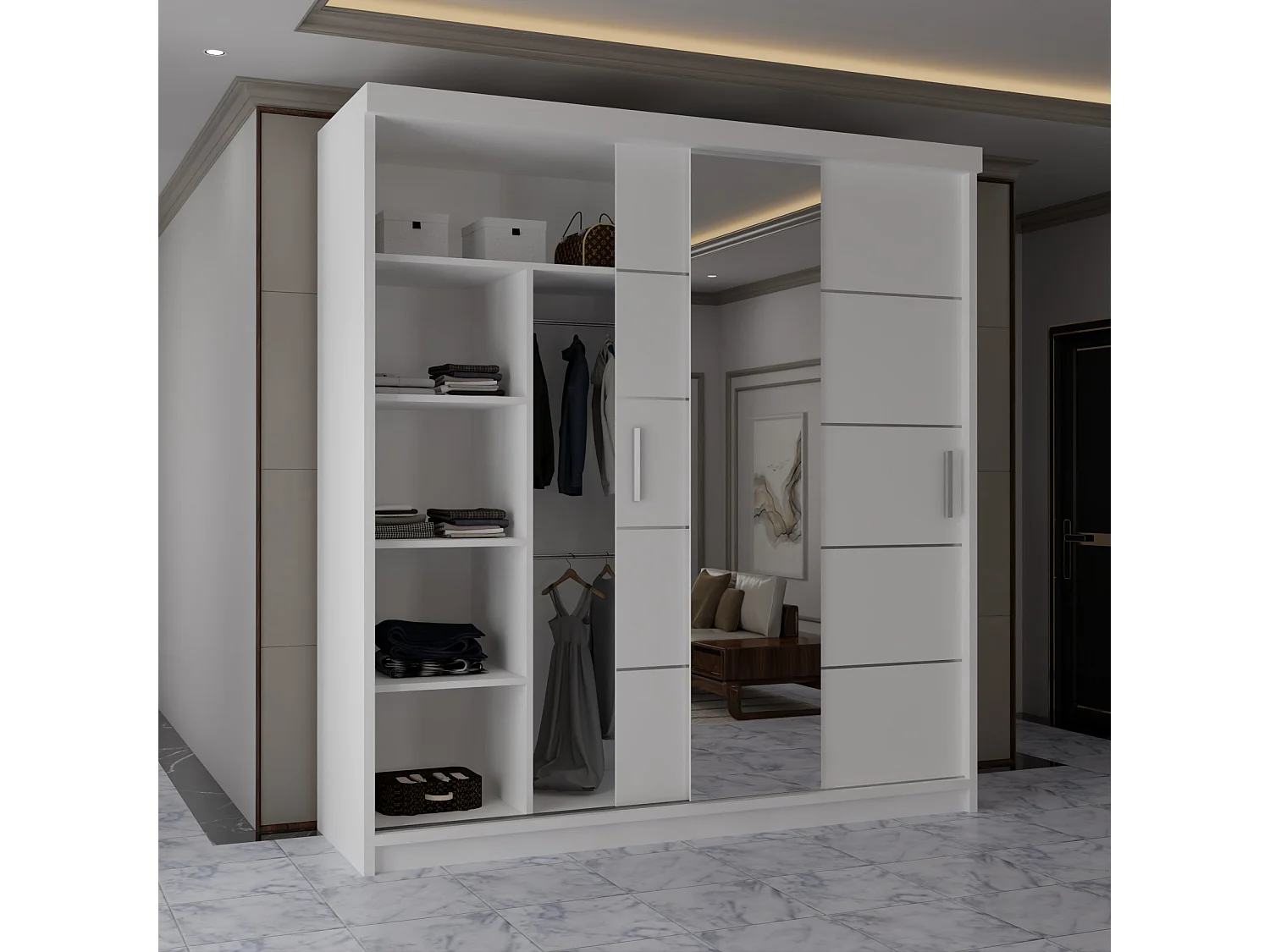 Sliding Wardrobe with Mirrored Doors - 203cm White - Modern