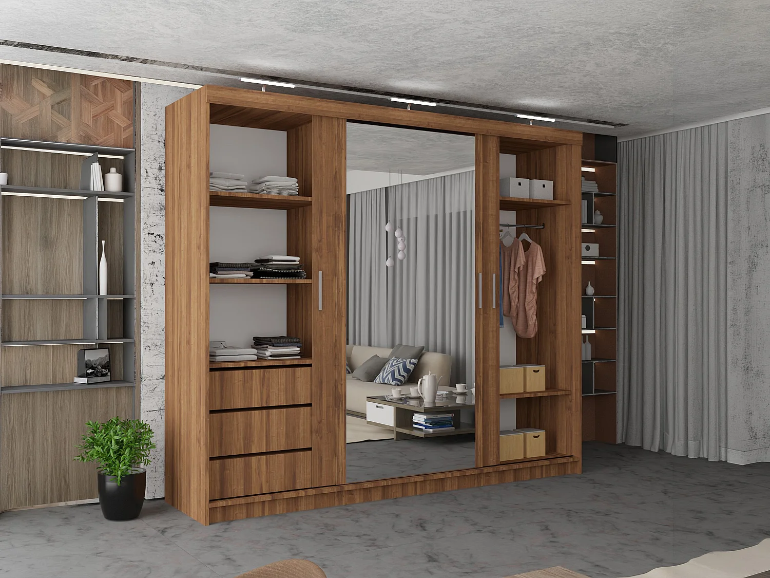 3 Door Sliding Wardrobe with Centre Mirror, LED Lights & Drawers - walnut 250cm - Ibaraki