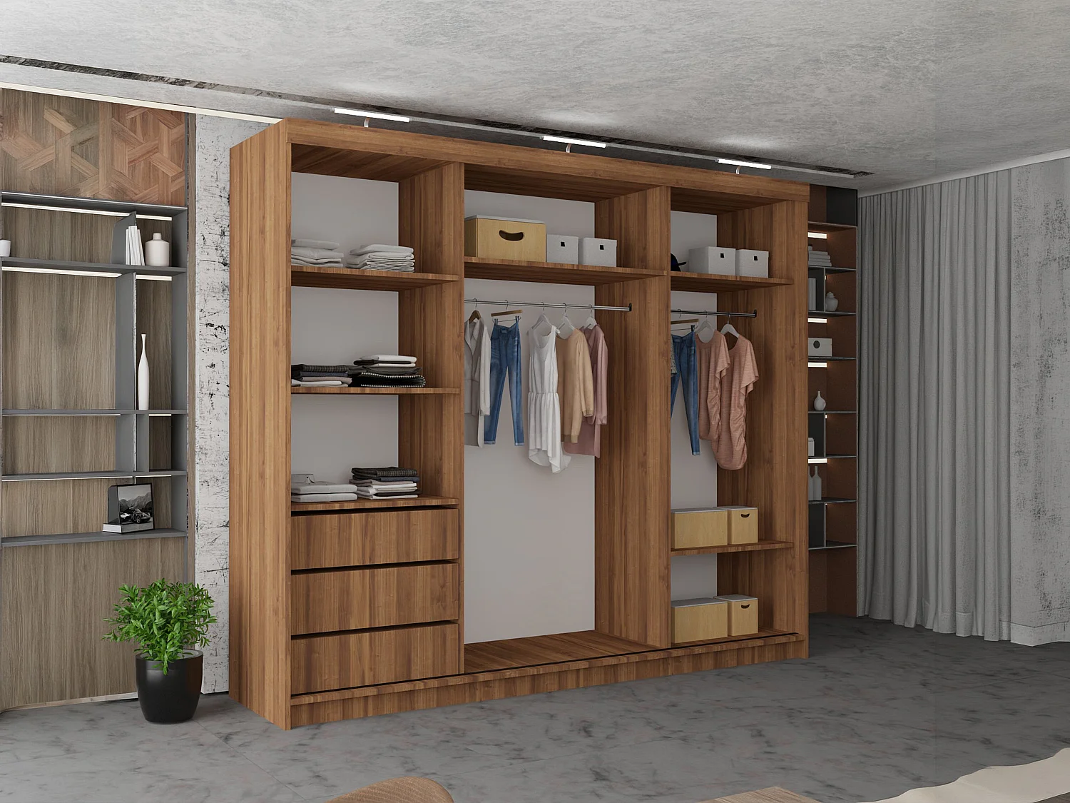 3 Door Sliding Wardrobe with Centre Mirror, LED Lights & Drawers - walnut 250cm - Ibaraki