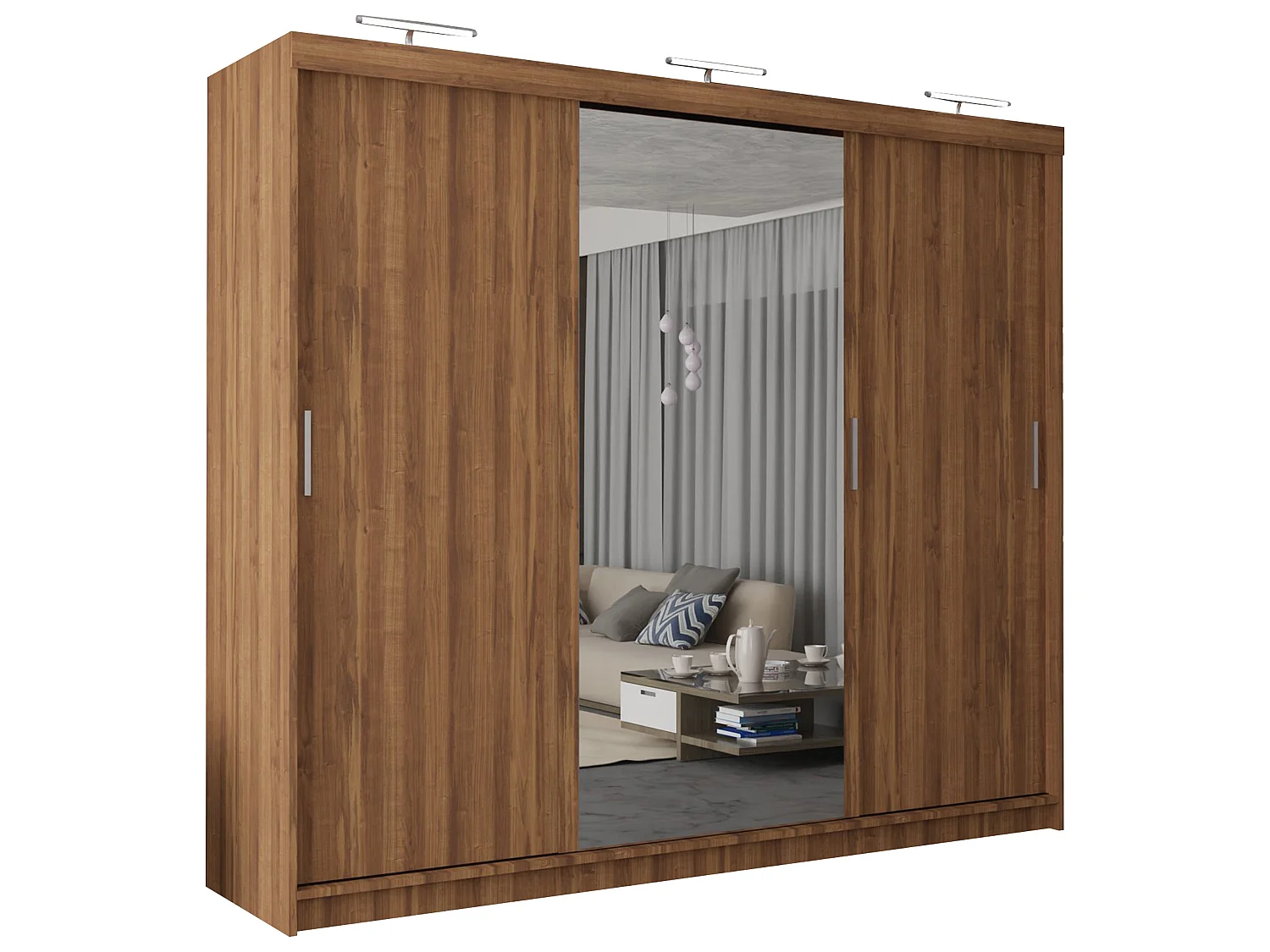 3 Door Sliding Wardrobe with Centre Mirror, LED Lights & Drawers - walnut 250cm - Ibaraki