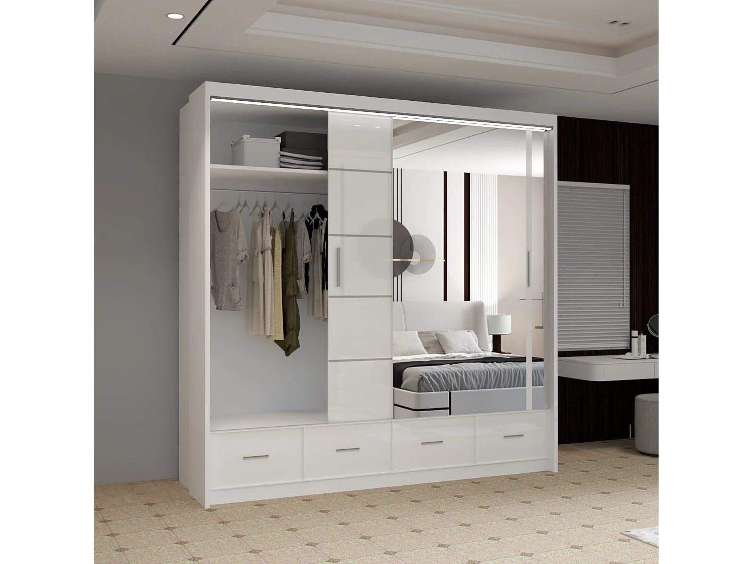 High Gloss Sliding Door Wardrobe with Mirror and Drawers - white 203cm - Derry