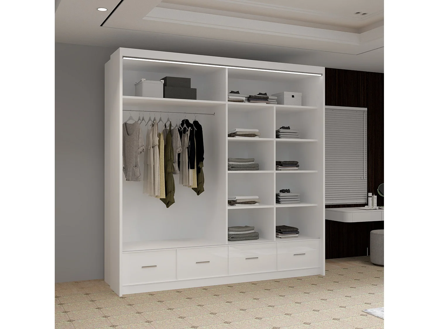 High Gloss Sliding Door Wardrobe with Mirror and Drawers - white 203cm - Derry