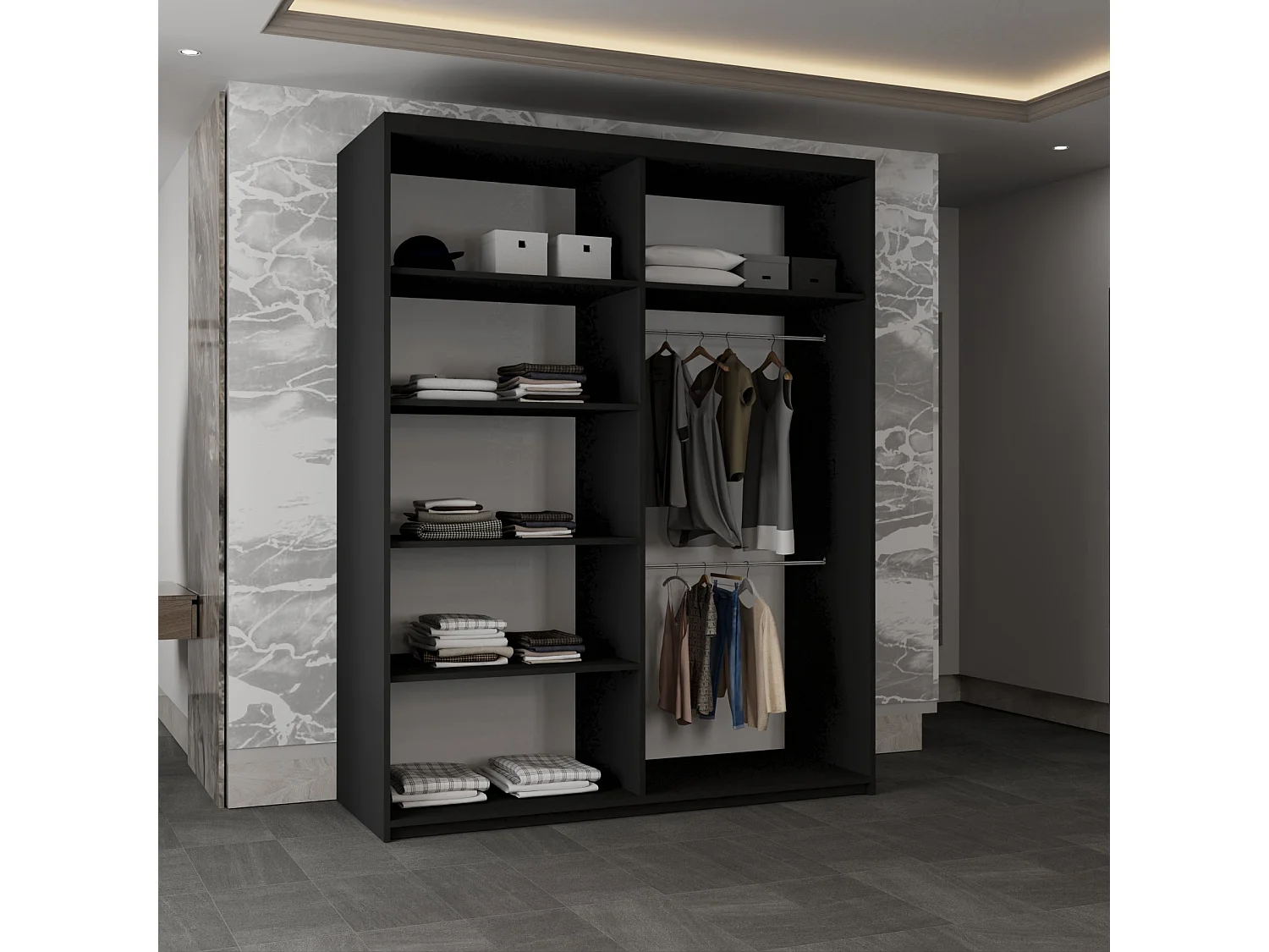 Sliding Wardrobe with Round Mirror - black 150cm - Luna