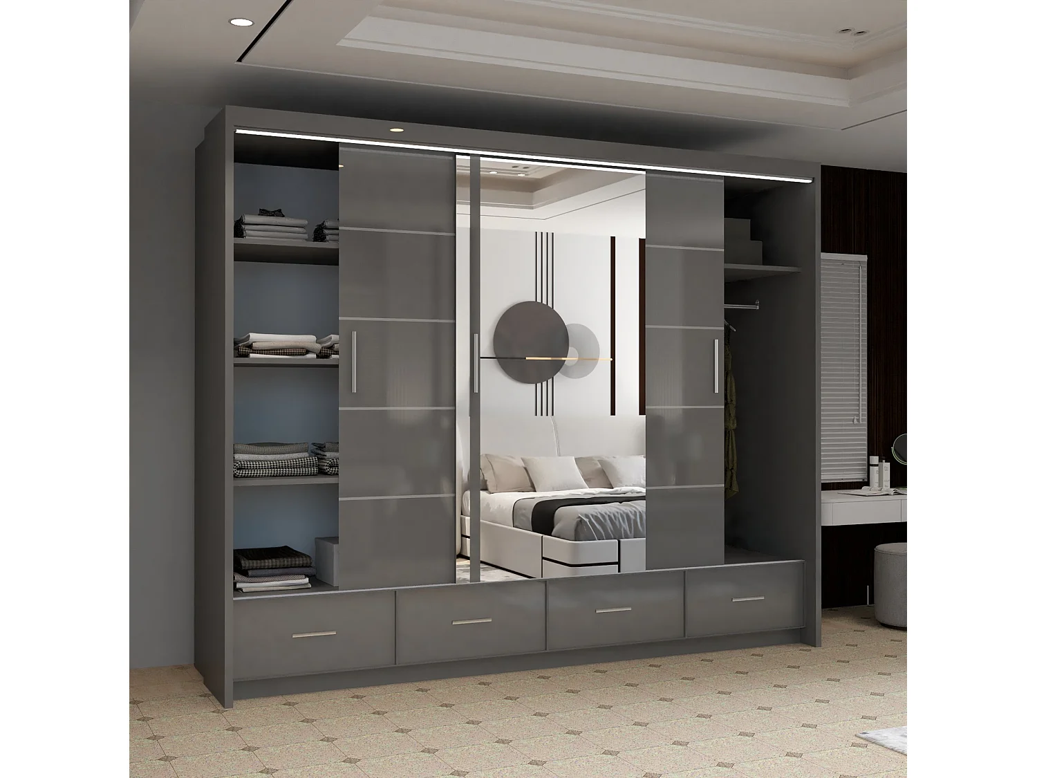 High Gloss Sliding Door Wardrobe with Mirror and Drawers - grey 255cm - Derry