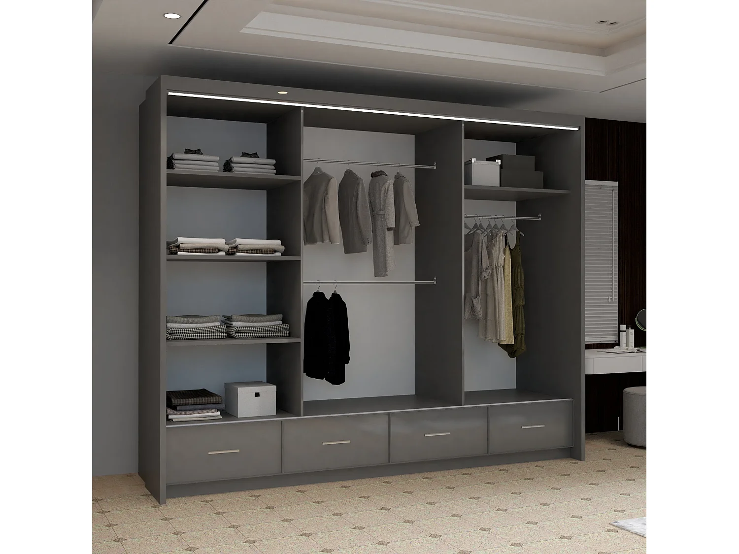 High Gloss Sliding Door Wardrobe with Mirror and Drawers - grey 255cm - Derry