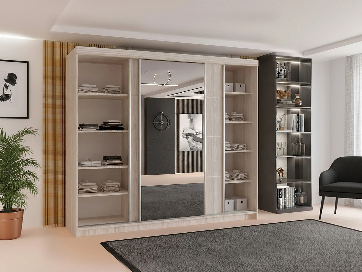 3-Door Sliding Wardrobe with Shelves & Hanging Rail - oak snoma 250cm - Lorenzo