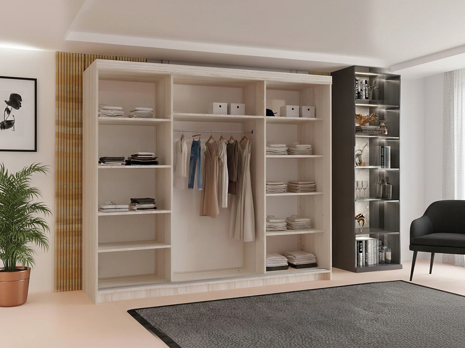 3-Door Sliding Wardrobe with Shelves & Hanging Rail - oak snoma 250cm - Lorenzo