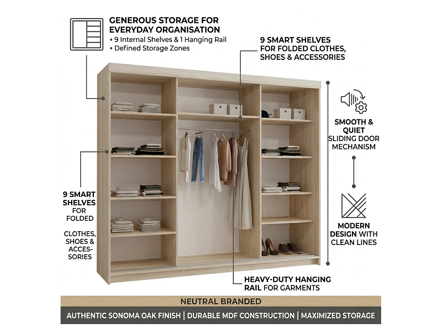 3-Door Sliding Wardrobe with Shelves & Hanging Rail - oak snoma 250cm - Lorenzo