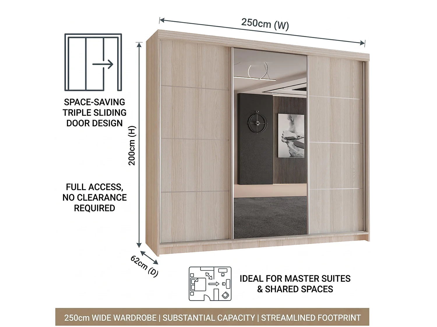 3-Door Sliding Wardrobe with Shelves & Hanging Rail - oak snoma 250cm - Lorenzo