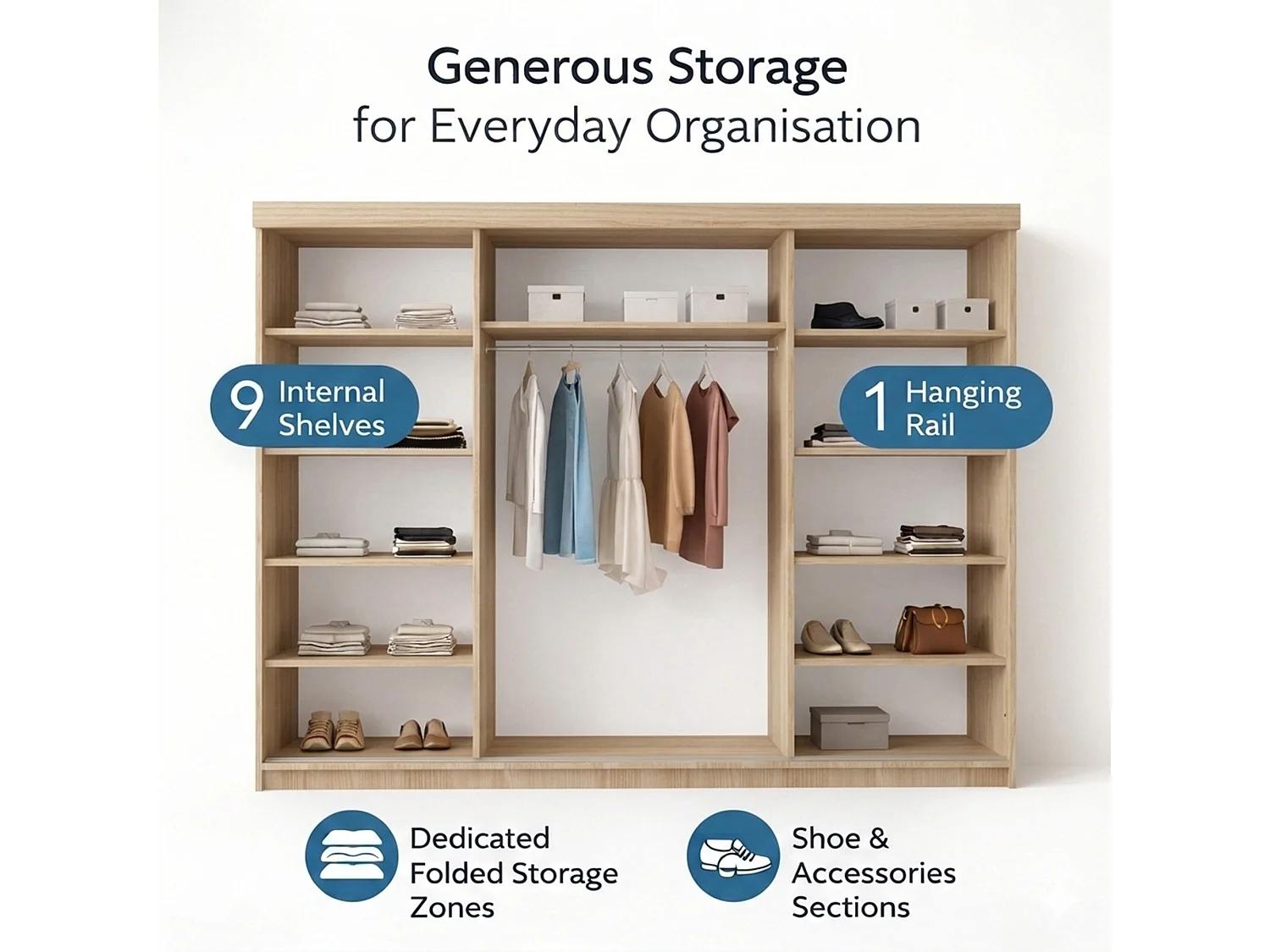 3-Door Sliding Wardrobe with Shelves & Hanging Rail - oak snoma 250cm - Lorenzo