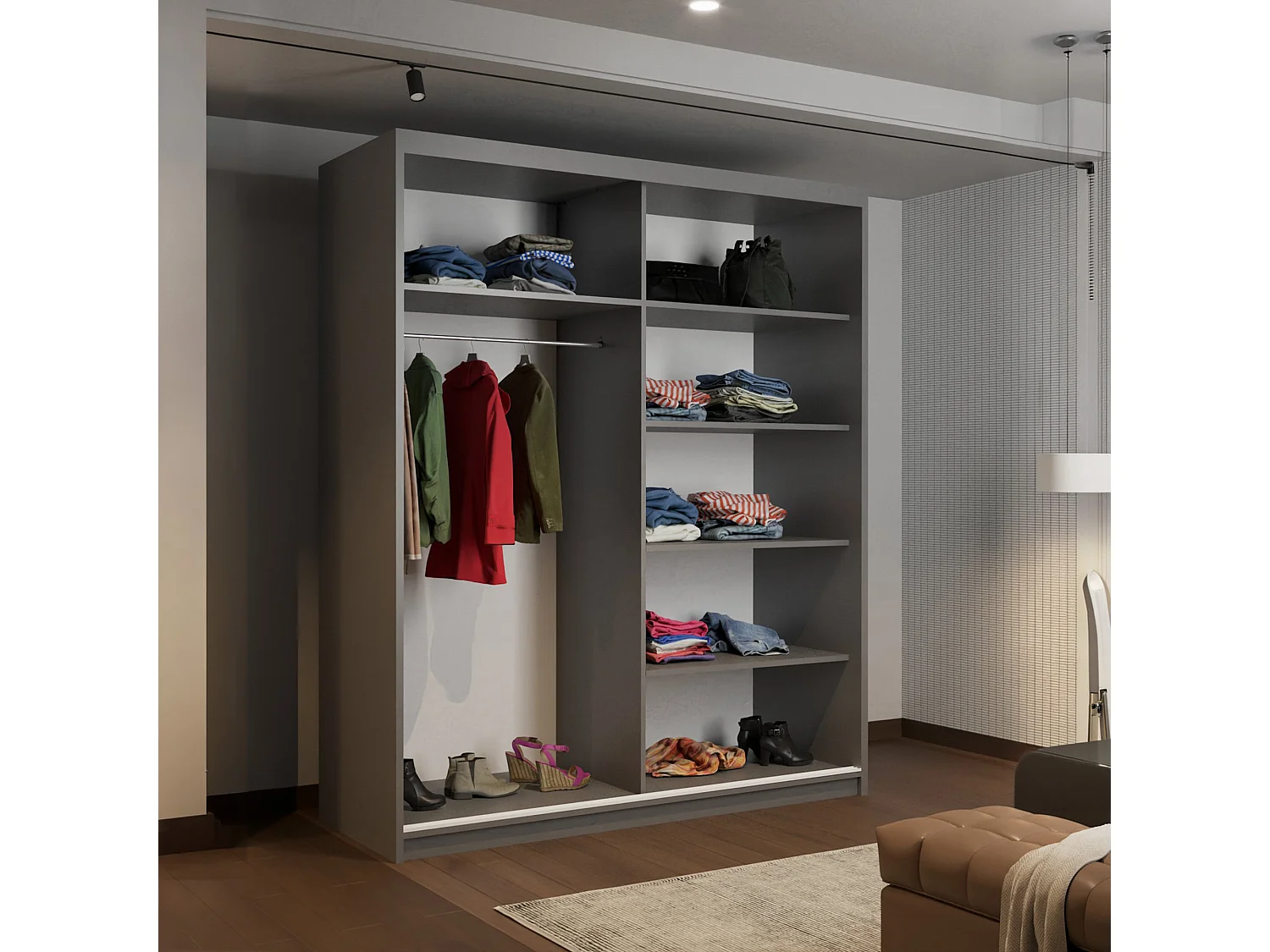 High Gloss Sliding Door Wardrobe with Mirror - grey 150cm - Amsterdem