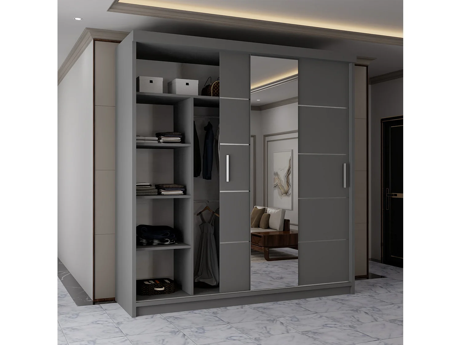 Sliding Wardrobe with Mirrored Doors - 203cm Grey - Modern