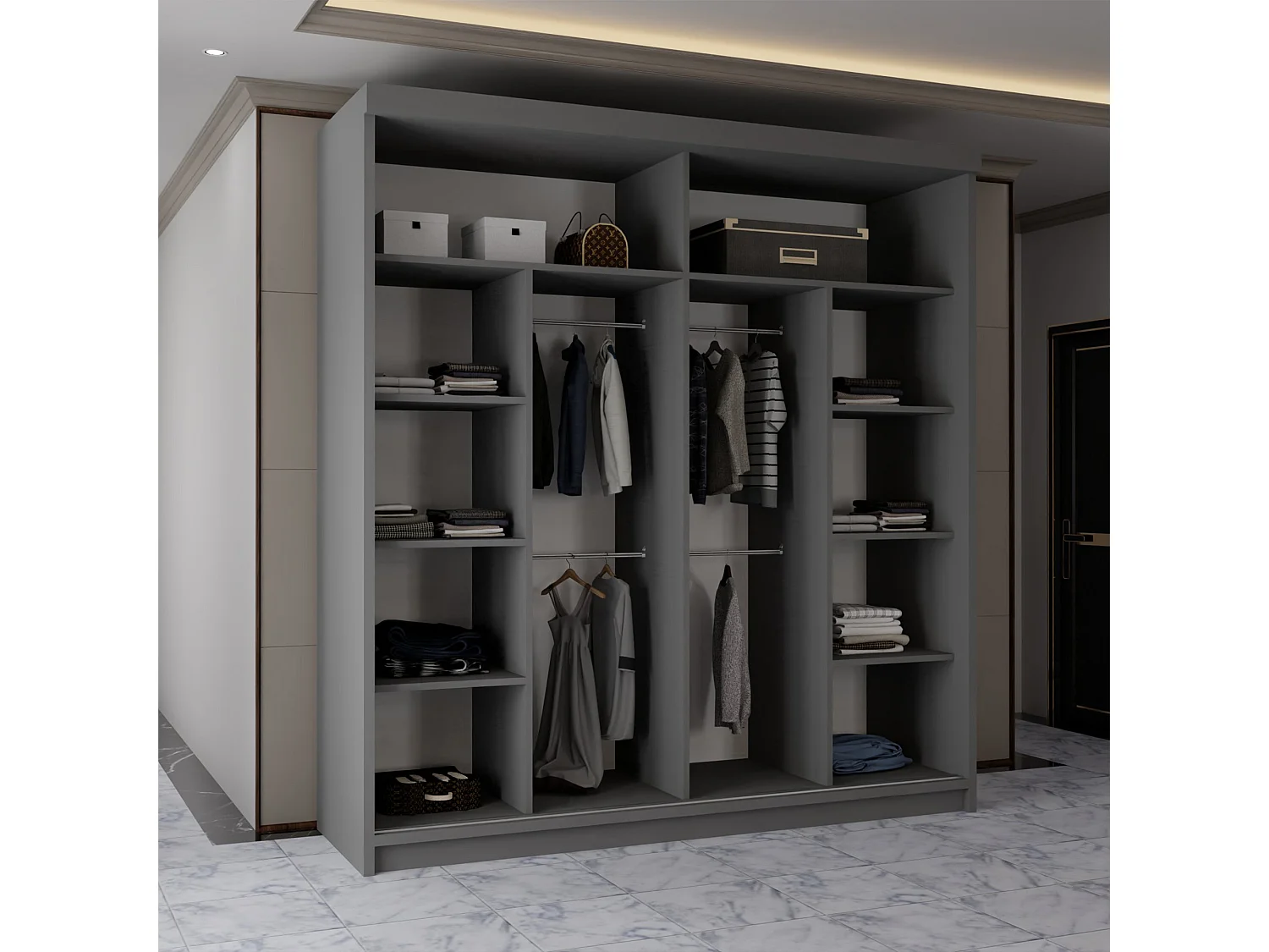 Sliding Wardrobe with Mirrored Doors - 203cm Grey - Modern
