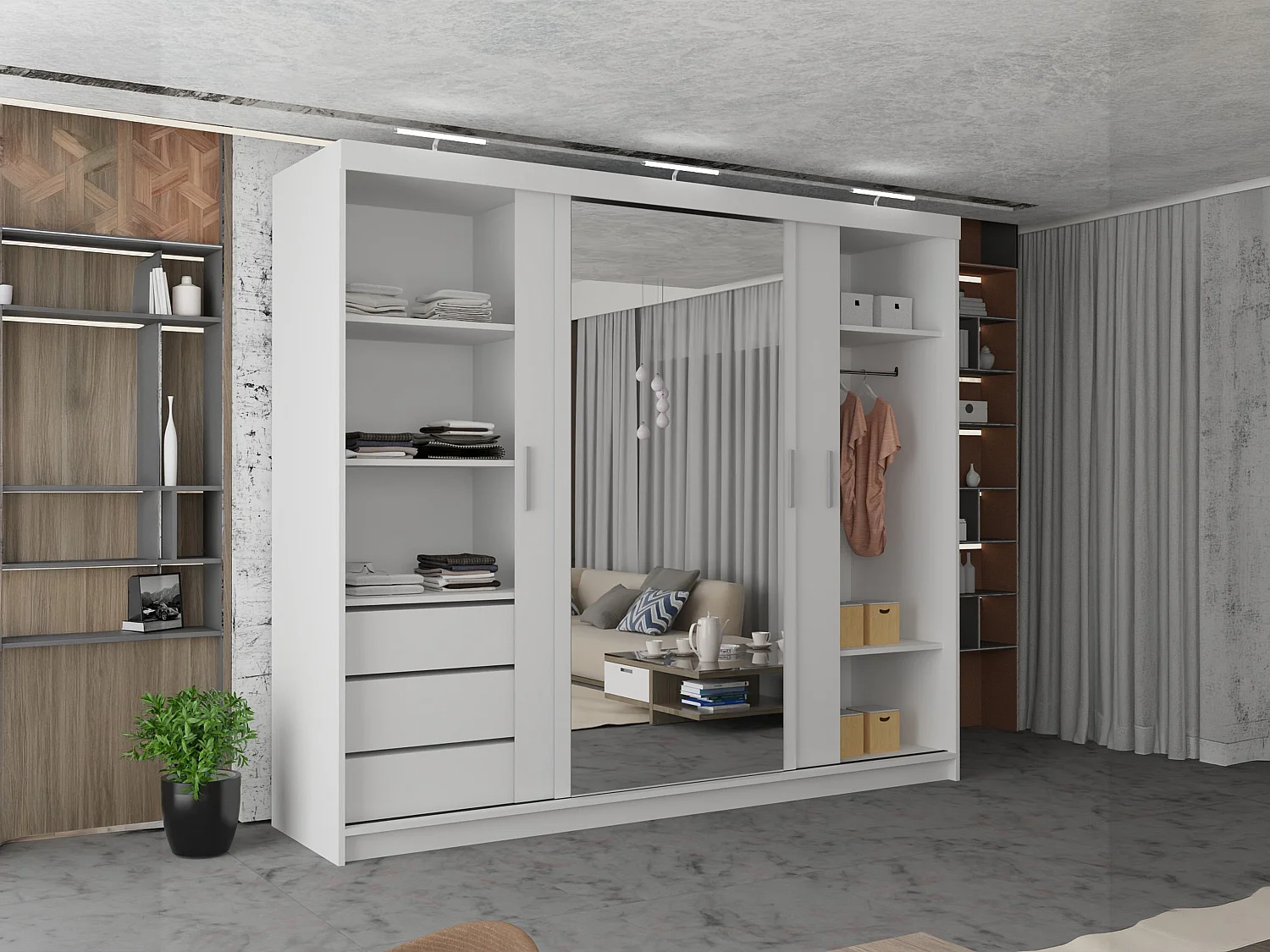 3 Door Sliding Wardrobe with Centre Mirror, LED Lights & Drawers - white 250cm - Ibaraki