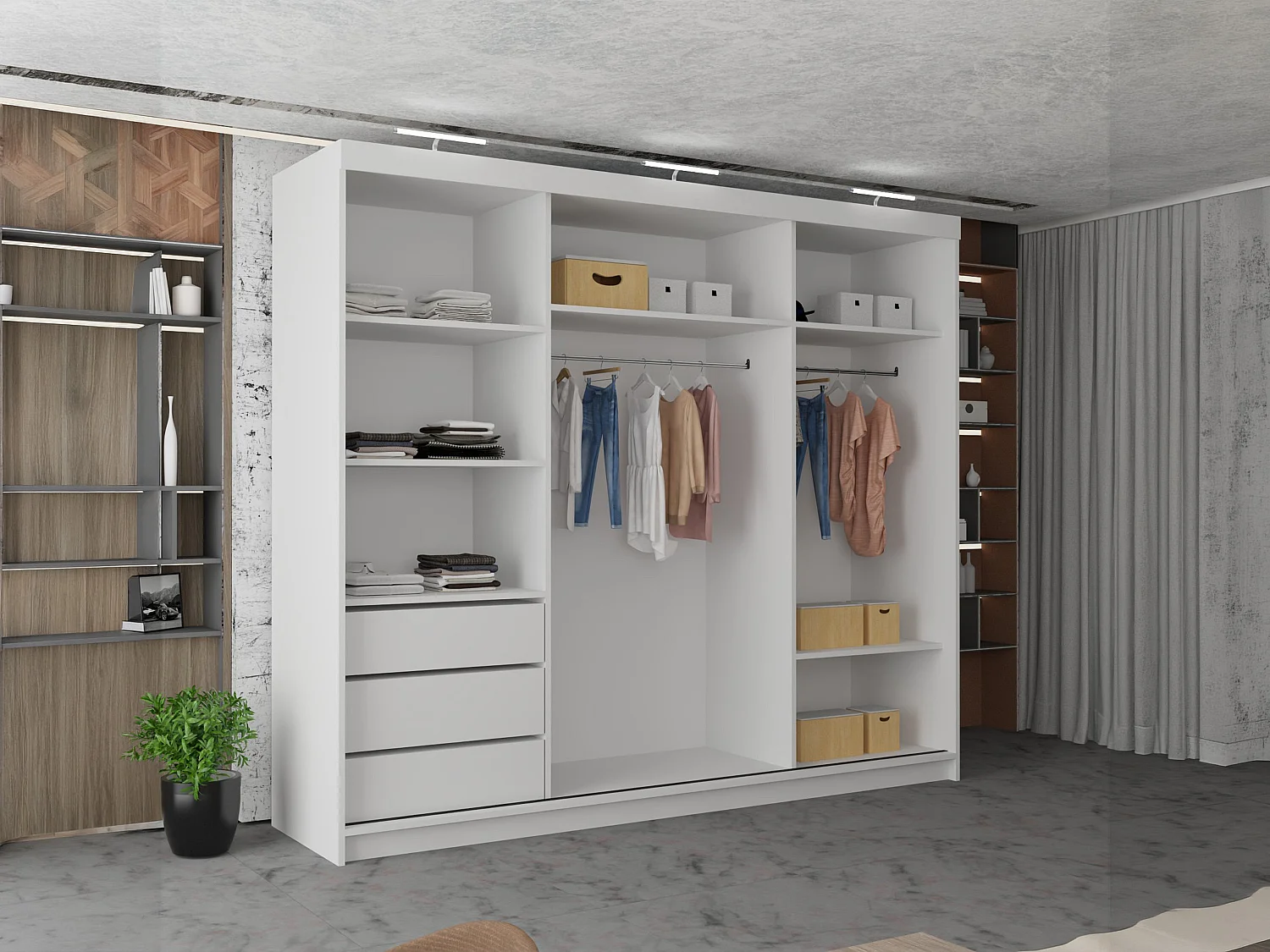 3 Door Sliding Wardrobe with Centre Mirror, LED Lights & Drawers - white 250cm - Ibaraki