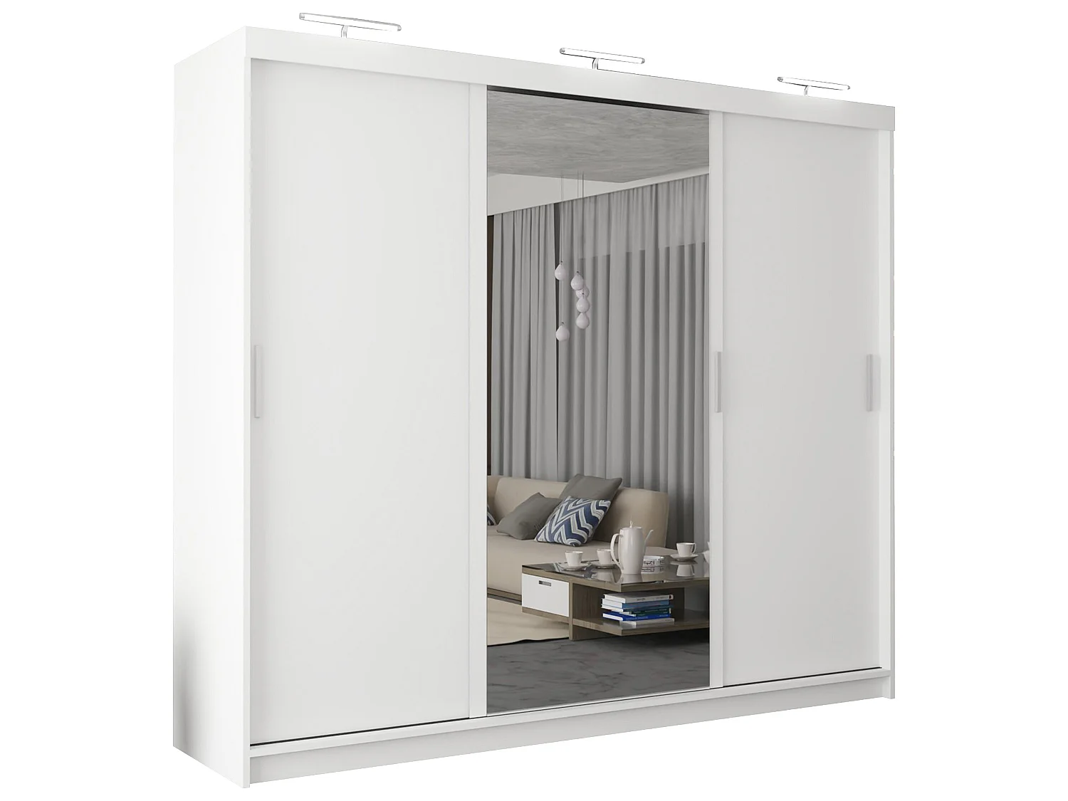 3 Door Sliding Wardrobe with Centre Mirror, LED Lights & Drawers - white 250cm - Ibaraki