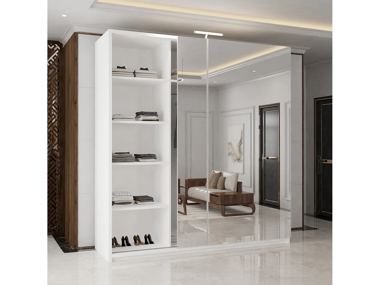 Full Mirror Sliding Door Wardrobe with LED Light & Drawers - white 200cm - Elara