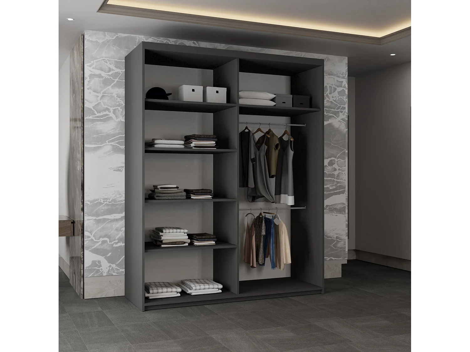 Sliding Wardrobe with Round Mirror - grey 150cm - Luna