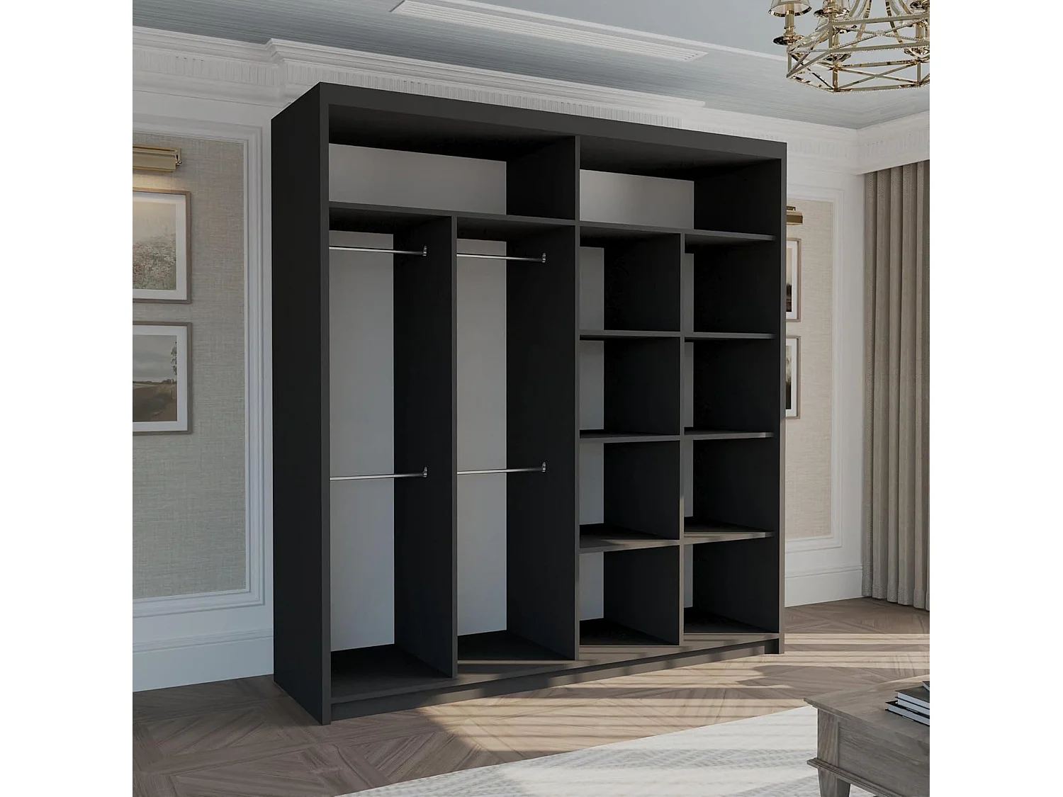 Full Mirror Sliding Door Wardrobe with Shelves & Hanging Rails - black 203cm - Celine