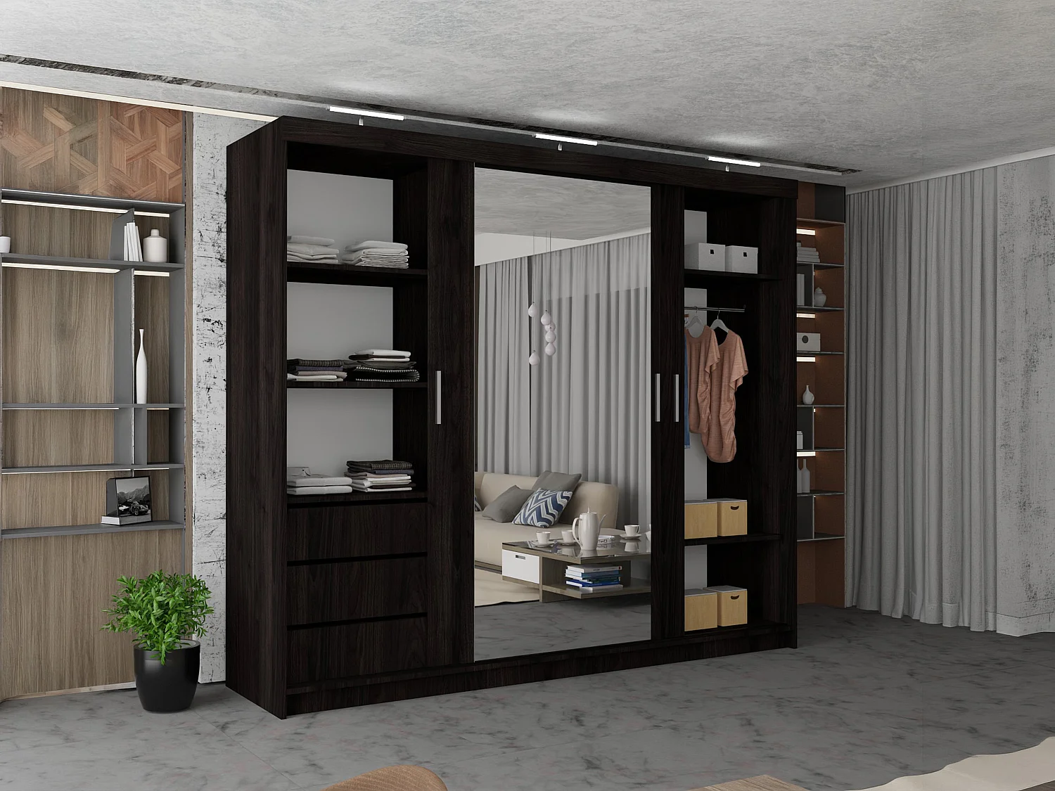 3 Door Sliding Wardrobe with Centre Mirror, LED Lights & Drawers - wenge 250cm - Ibaraki