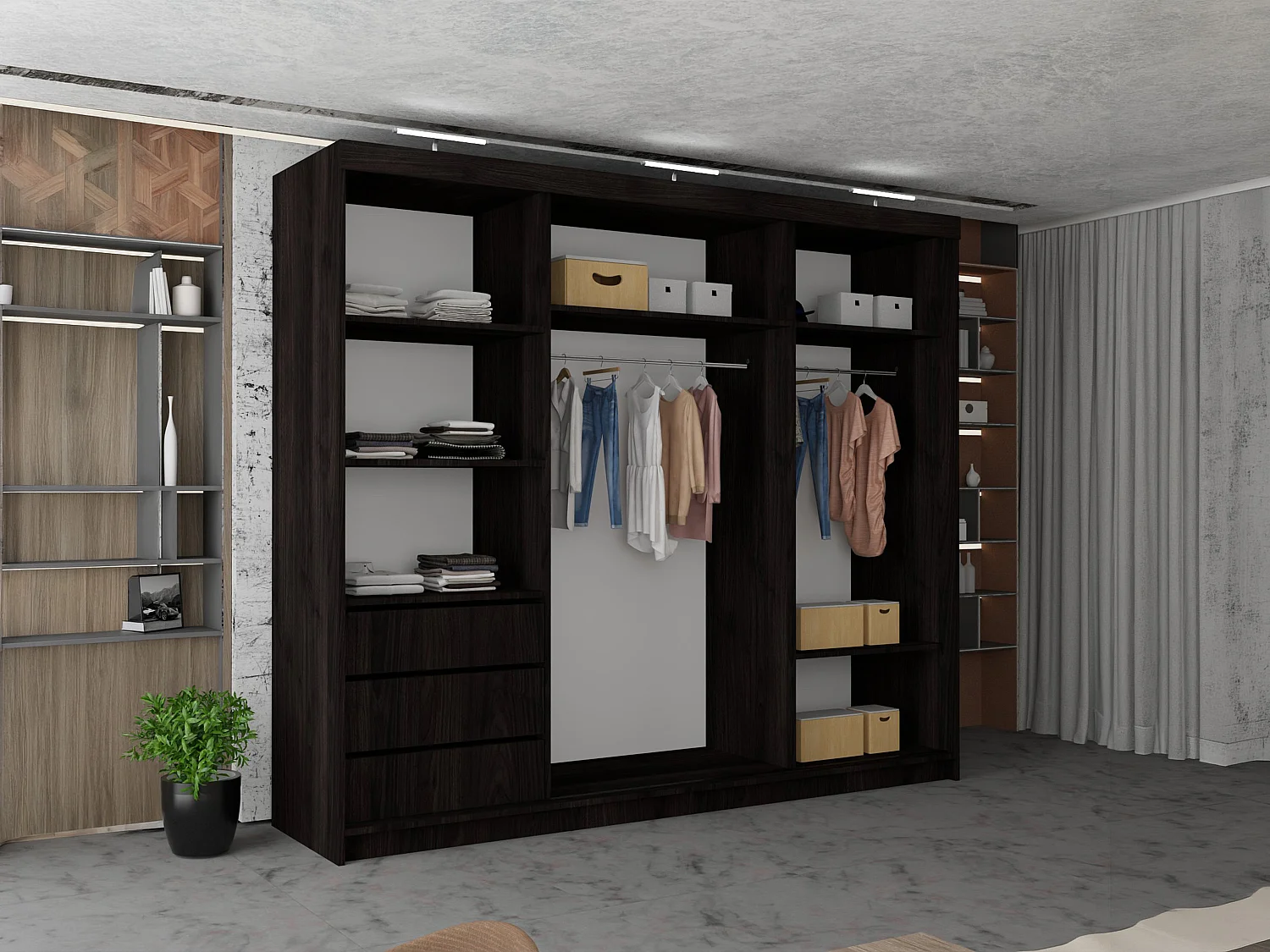 3 Door Sliding Wardrobe with Centre Mirror, LED Lights & Drawers - wenge 250cm - Ibaraki