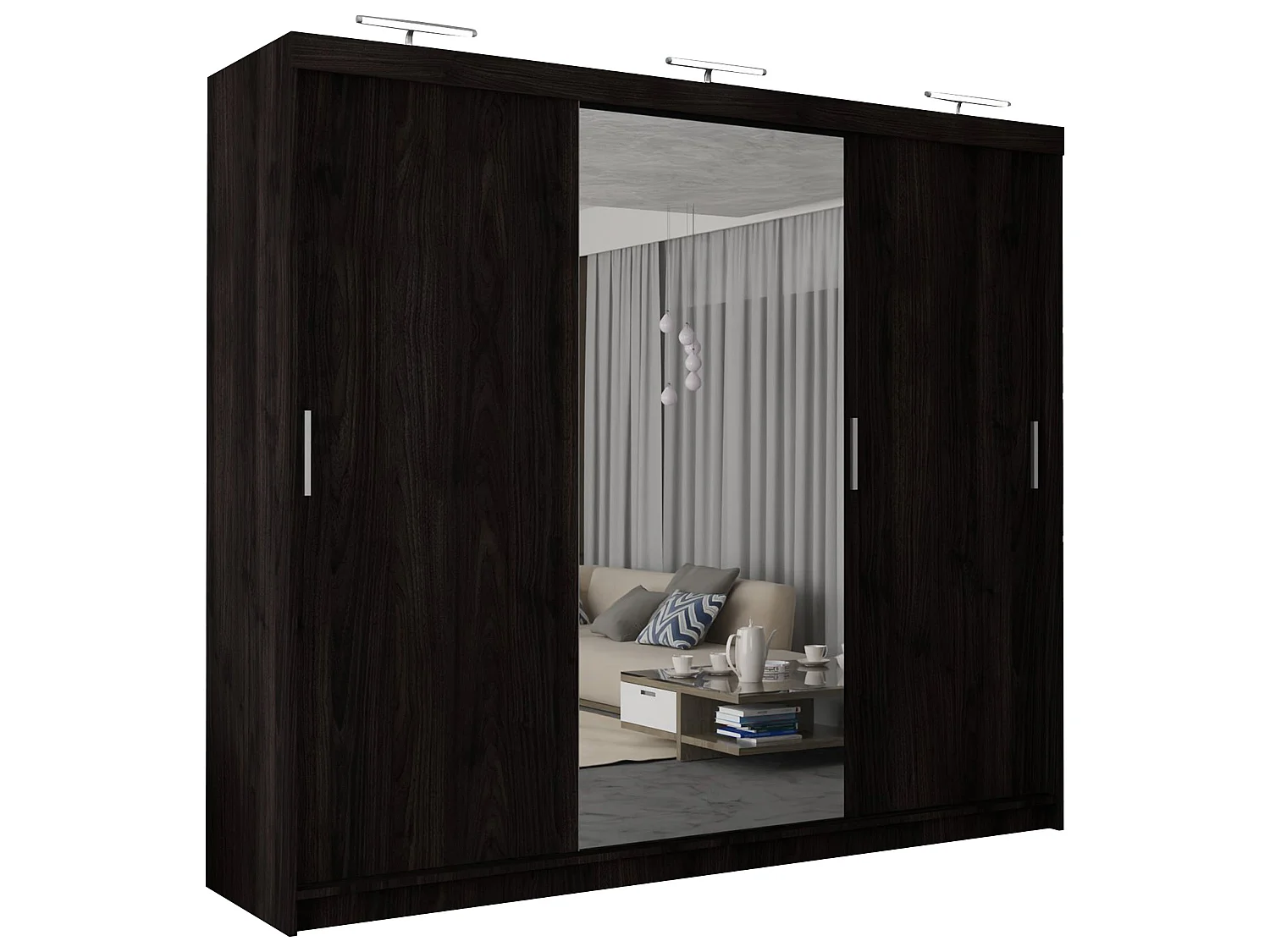 3 Door Sliding Wardrobe with Centre Mirror, LED Lights & Drawers - wenge 250cm - Ibaraki