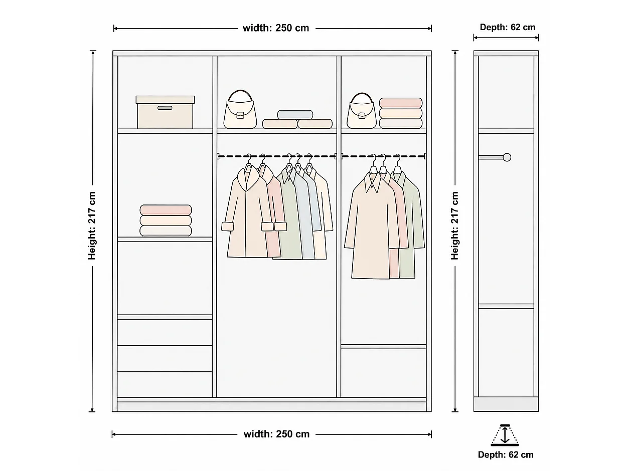 3 Door Sliding Wardrobe with Centre Mirror, LED Lights & Drawers - wenge 250cm - Ibaraki