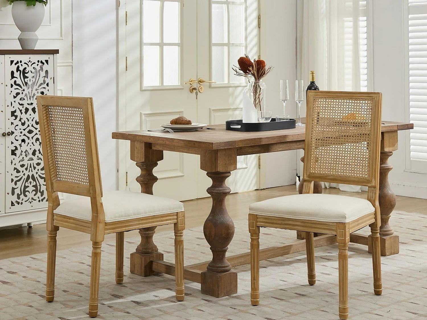 Lot de 2 Chaises de Salle à Manger en Bois Massif et Rotin, Style Médaillon Champêtre, Assise Tissu Lin (Beige/Gris/Vert/Brun)