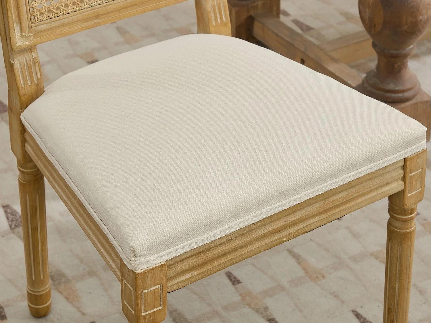 Lot de 2 Chaises de Salle à Manger en Bois Massif et Rotin, Style Médaillon Champêtre, Assise Tissu Lin (Beige/Gris/Vert/Brun)