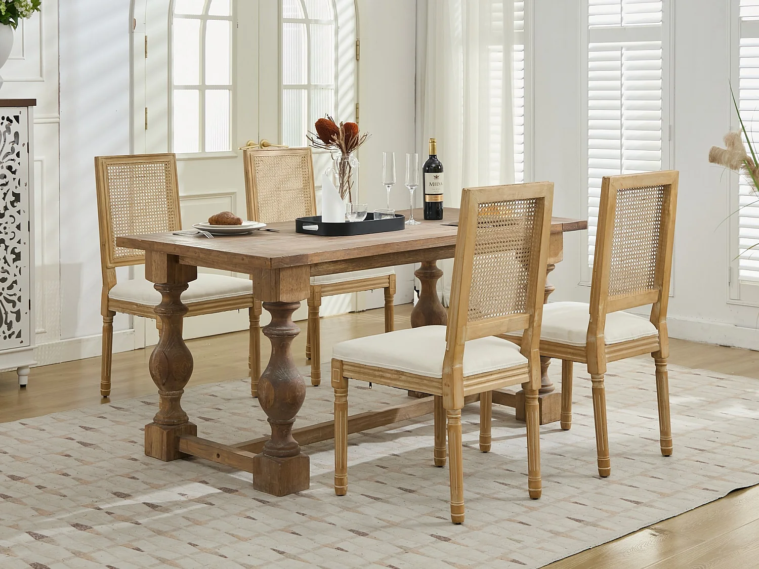 Lot de 2 Chaises de Salle à Manger en Bois Massif et Rotin, Style Médaillon Champêtre, Assise Tissu Lin (Beige/Gris/Vert/Brun)