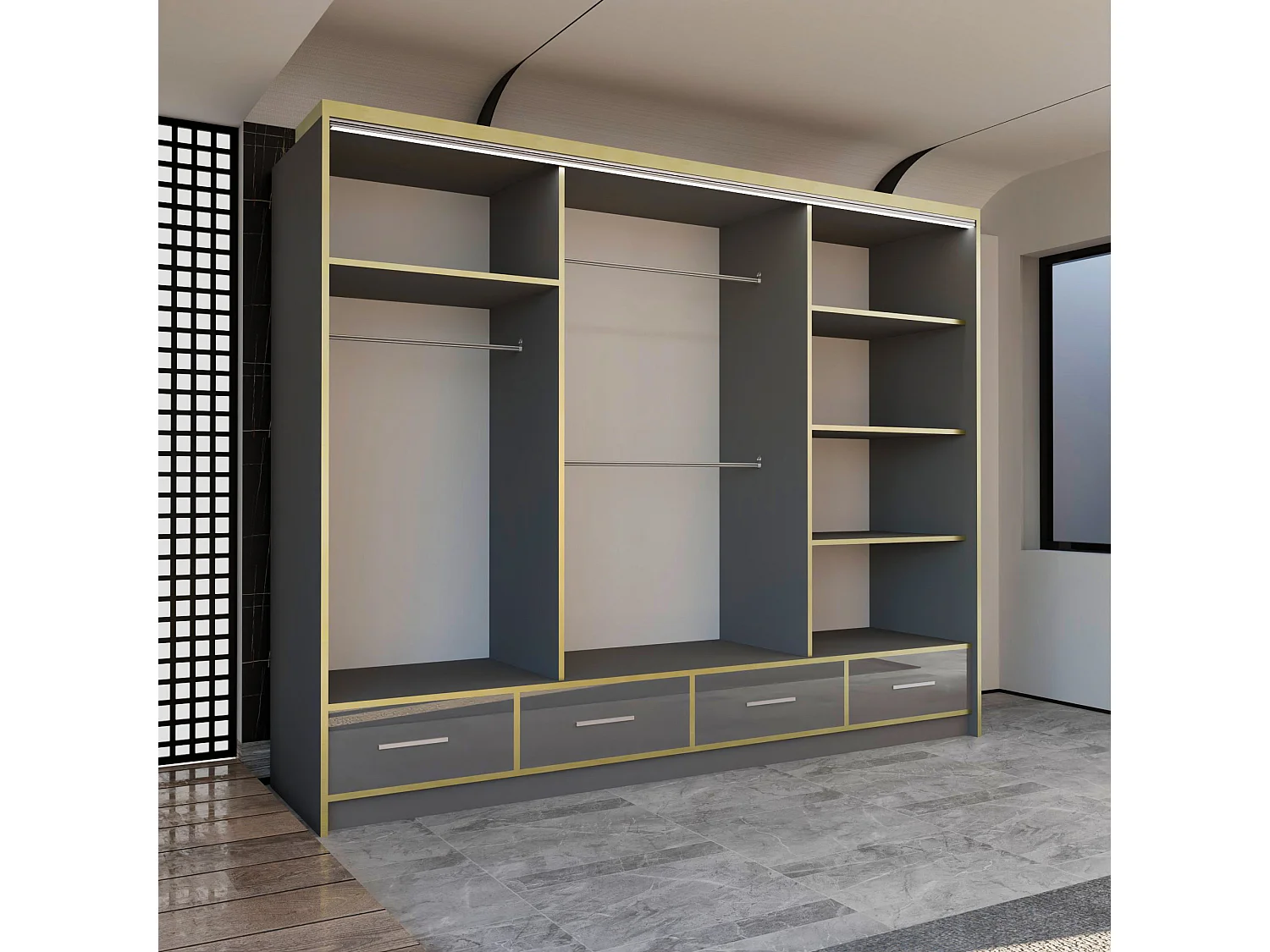 High Gloss Mirrored Sliding Door Wardrobe with Gold Detail - grey 253cm - Sudenia