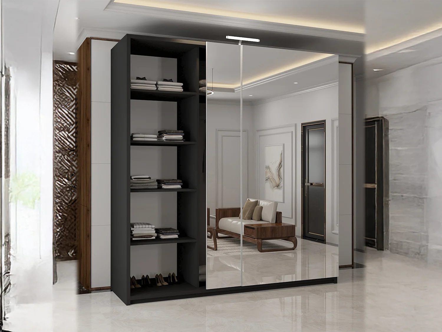Full Mirror Sliding Door Wardrobe with LED Light & Drawers - black 200cm - Elara
