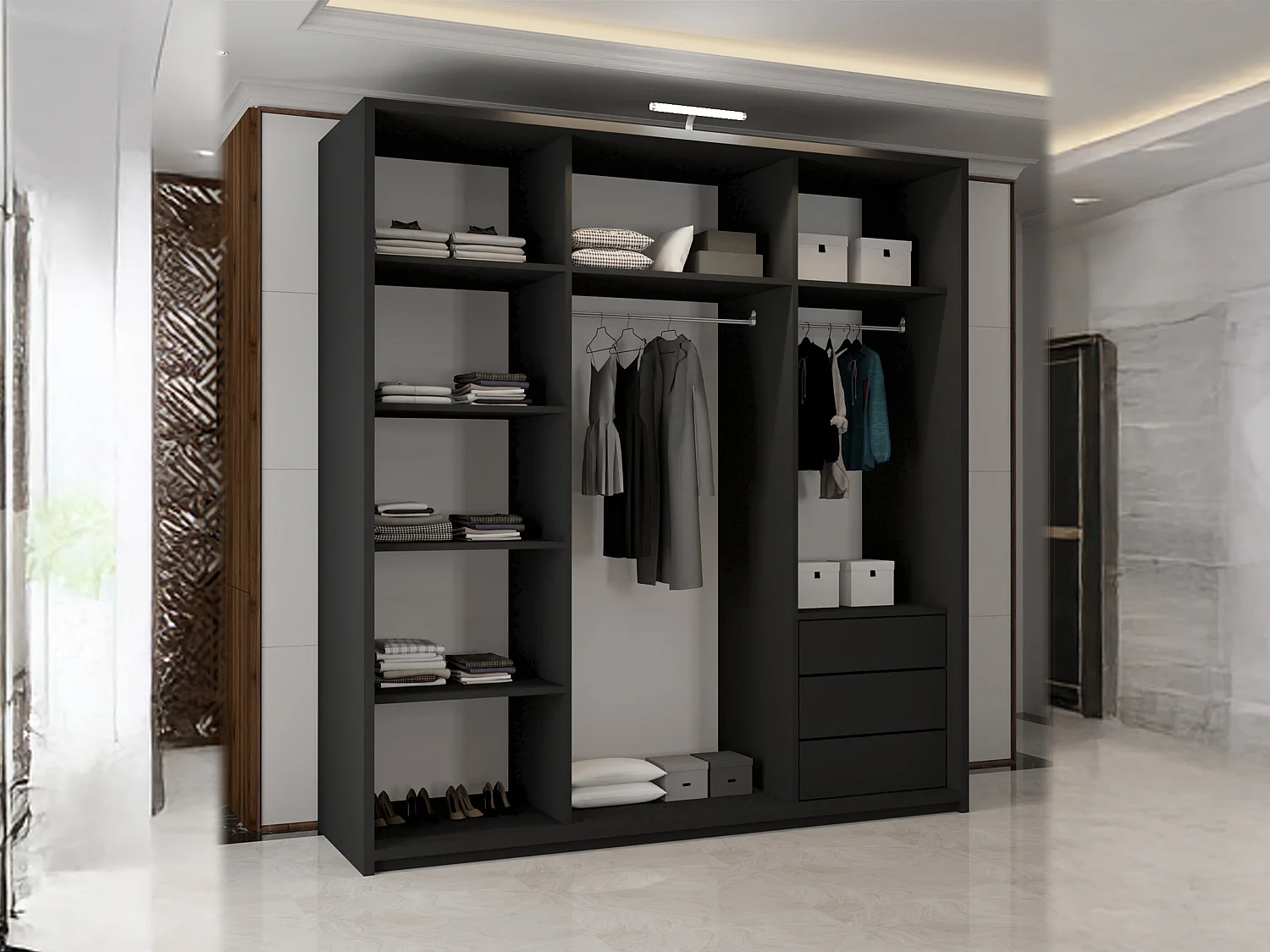 Full Mirror Sliding Door Wardrobe with LED Light & Drawers - black 200cm - Elara