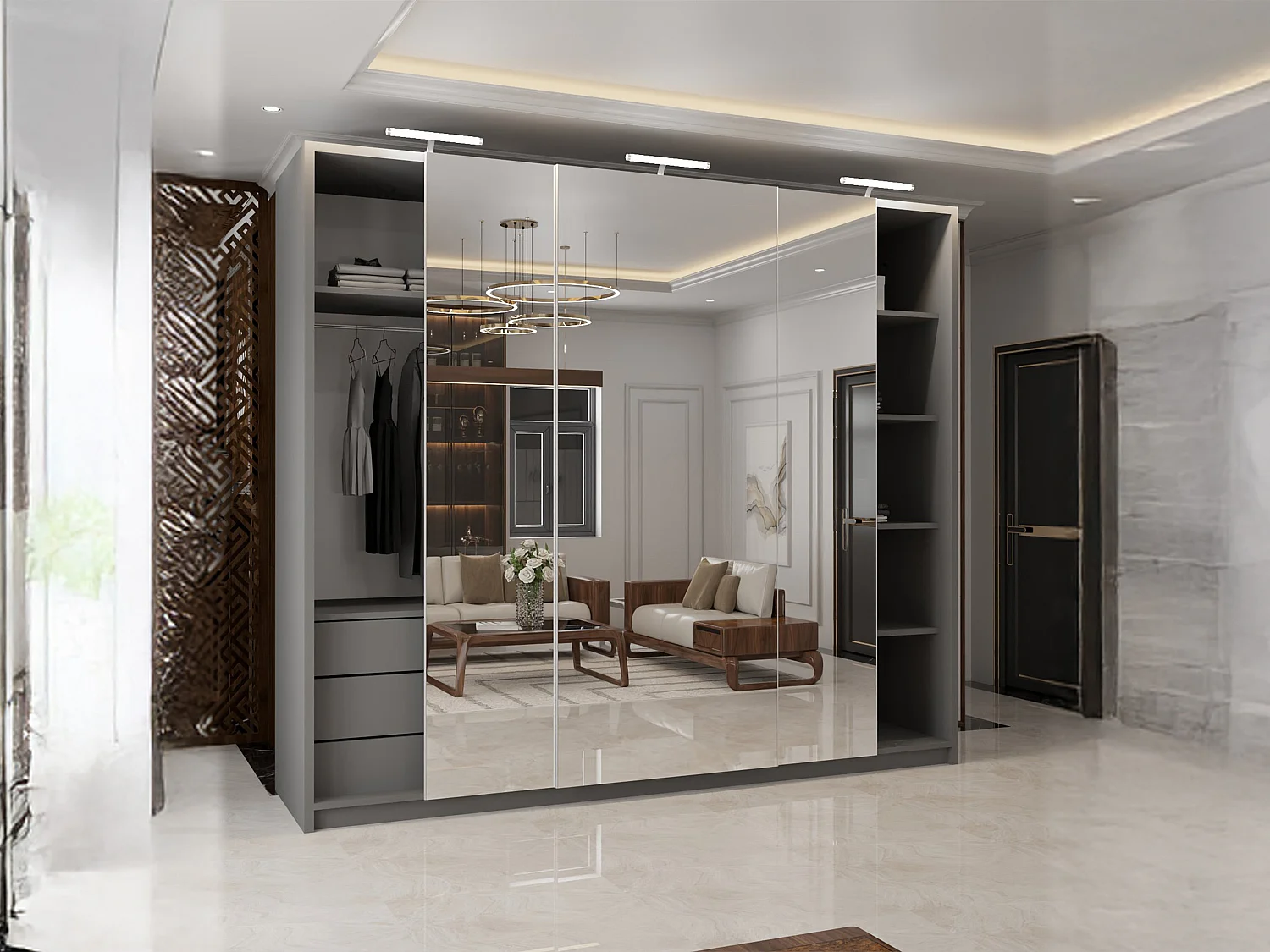 Full Mirror Sliding Door Wardrobe with LED Light & Drawers - grey 250cm - Elara