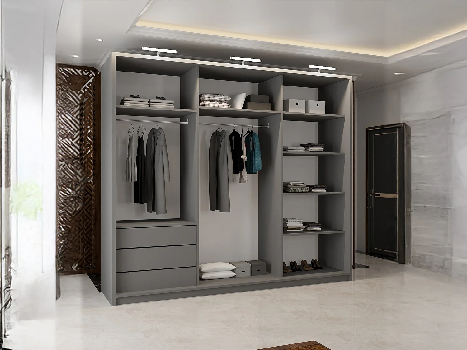 Full Mirror Sliding Door Wardrobe with LED Light & Drawers - grey 250cm - Elara