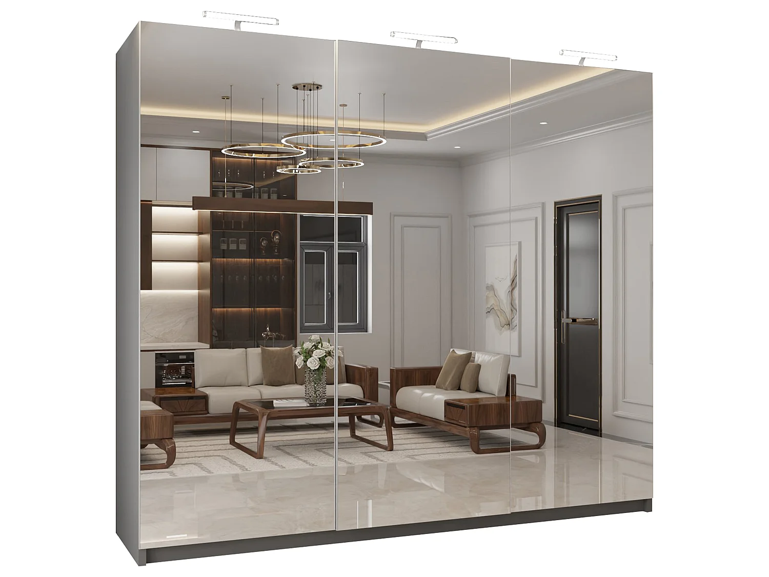 Full Mirror Sliding Door Wardrobe with LED Light & Drawers - grey 250cm - Elara