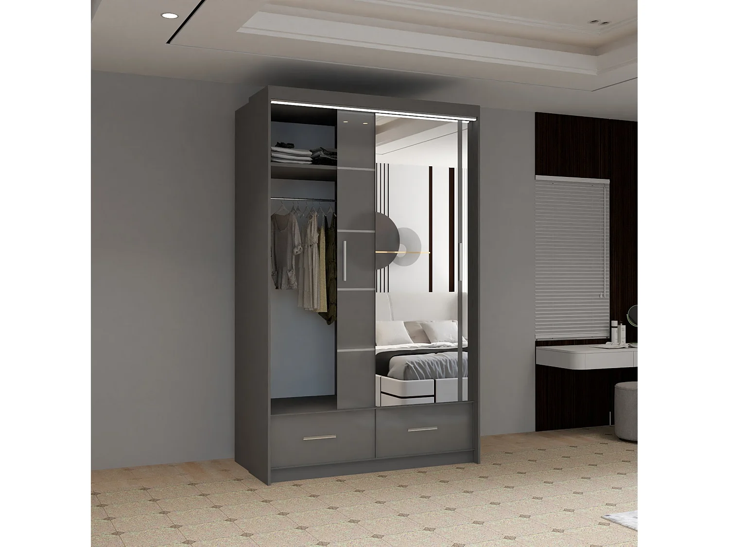 High Gloss Sliding Door Wardrobe with Mirror and Drawers - grey 150cm - Derry