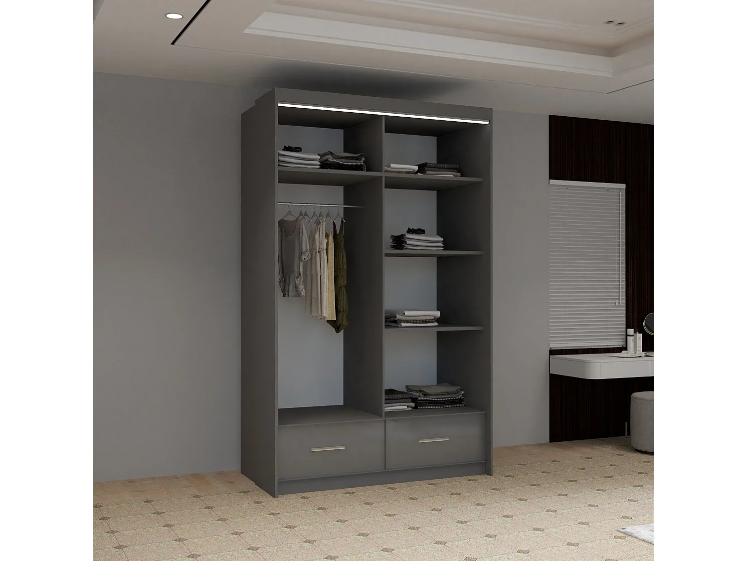 High Gloss Sliding Door Wardrobe with Mirror and Drawers - grey 150cm - Derry