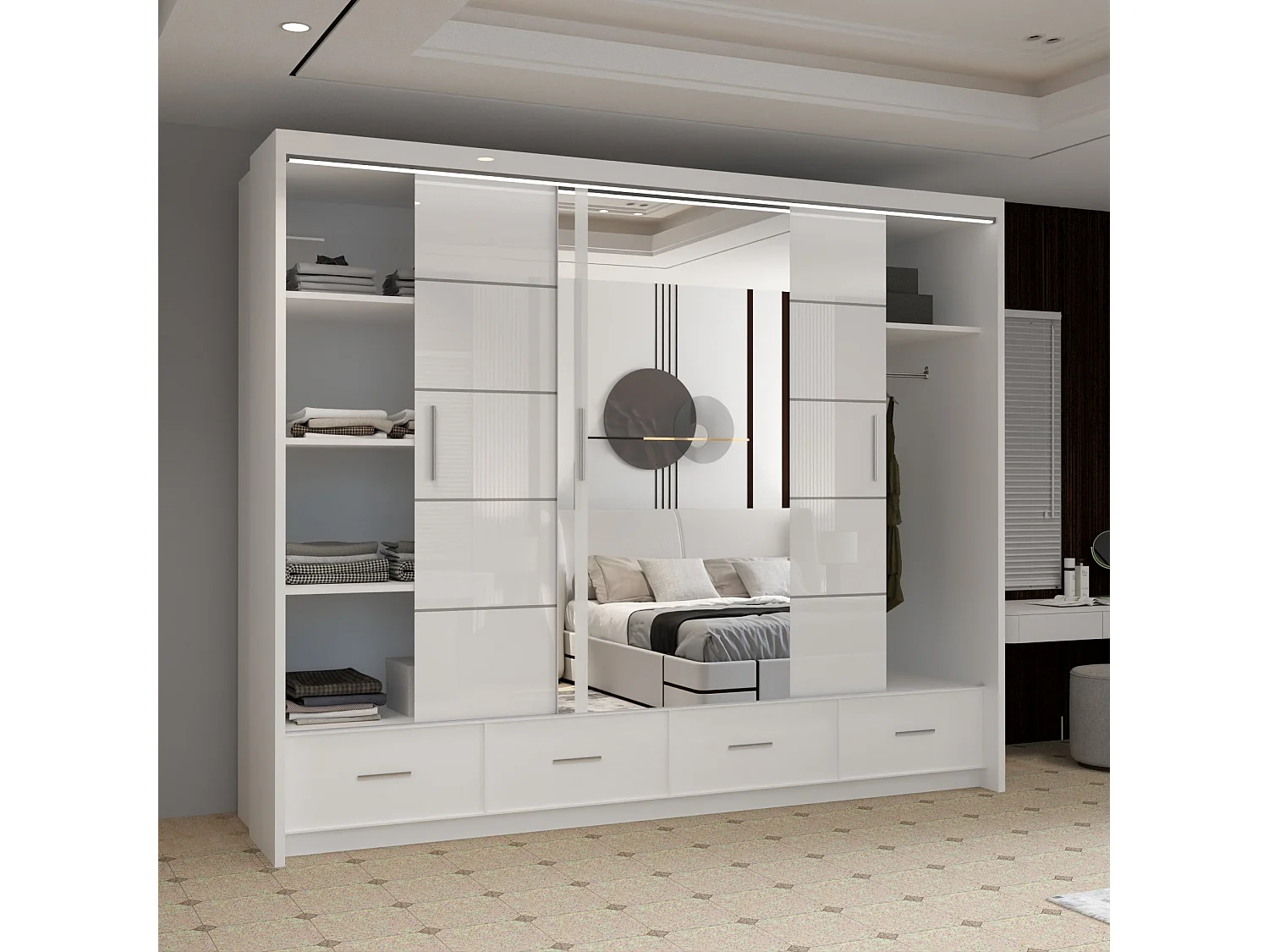 High Gloss Sliding Door Wardrobe with Mirror and Drawers - white 255cm - Derry