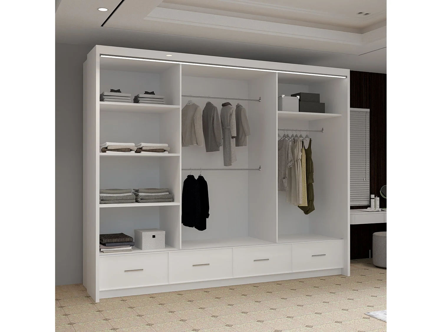 High Gloss Sliding Door Wardrobe with Mirror and Drawers - white 255cm - Derry