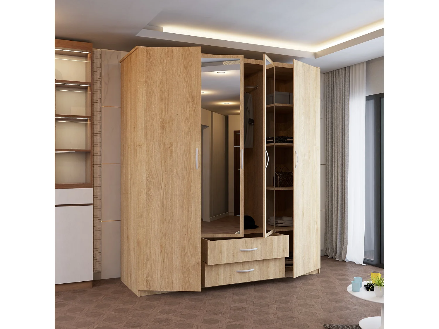 4-Door Mirrored Wardrobe with 8 Shelves and 2 Drawers - oak  171cm - Modern