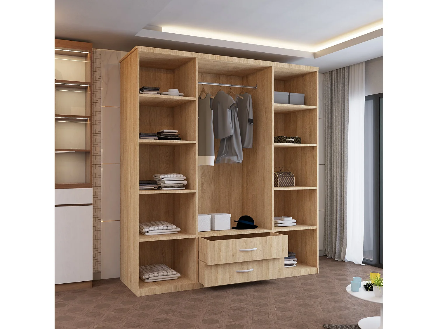 4-Door Mirrored Wardrobe with 8 Shelves and 2 Drawers - oak  171cm - Modern