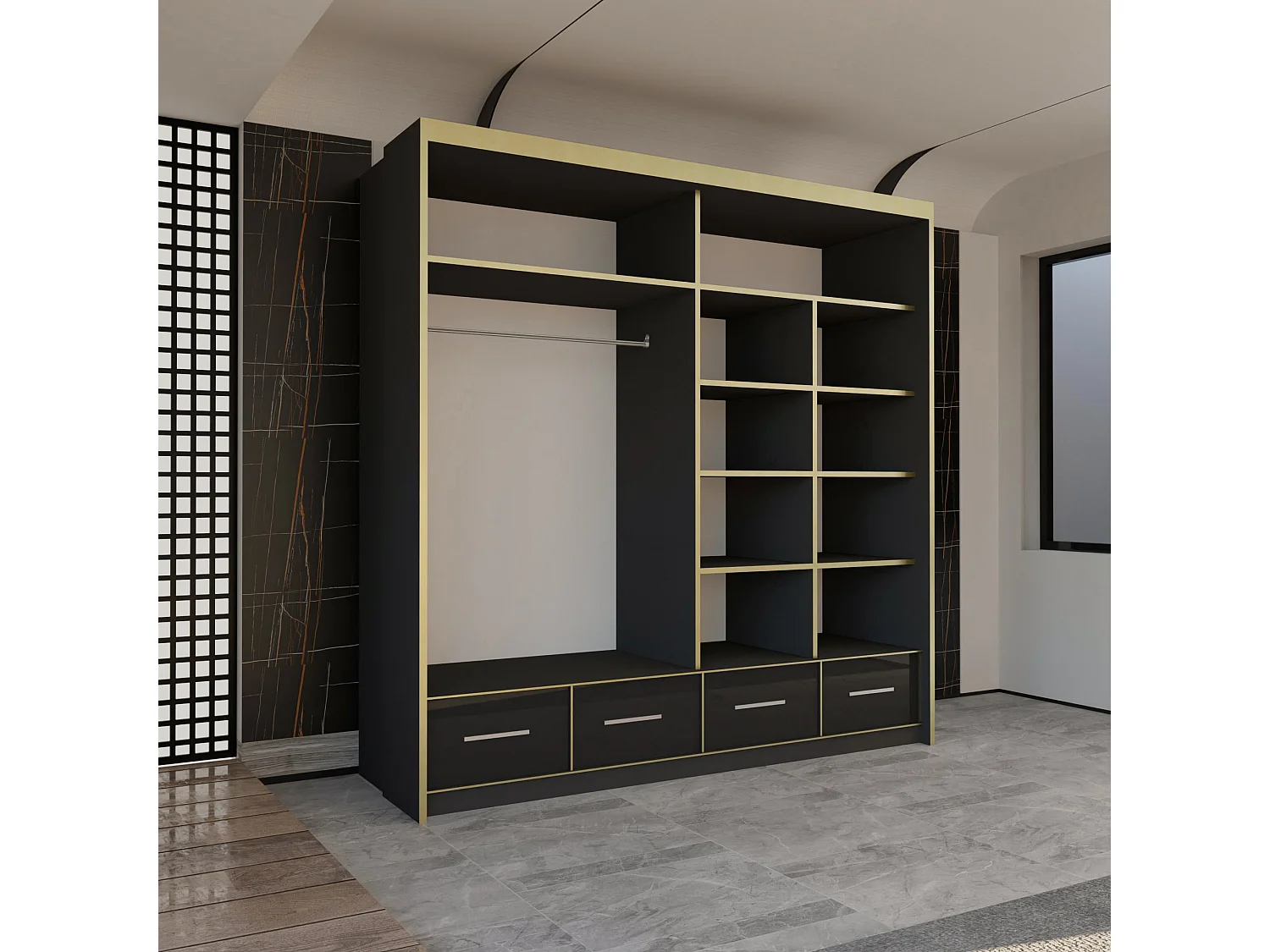 High Gloss Mirrored Sliding Door Wardrobe with Gold Detail - black 203cm - Sudenia
