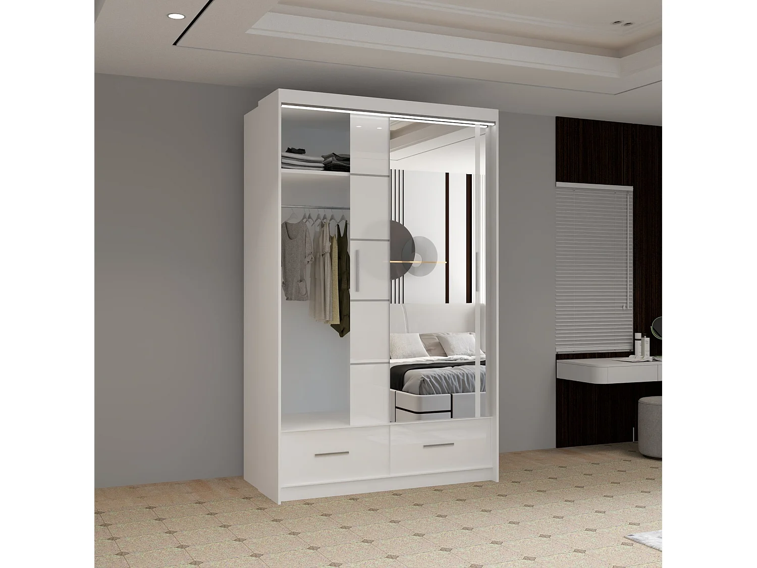 High Gloss Sliding Door Wardrobe with Mirror and Drawers - white 150cm - Derry