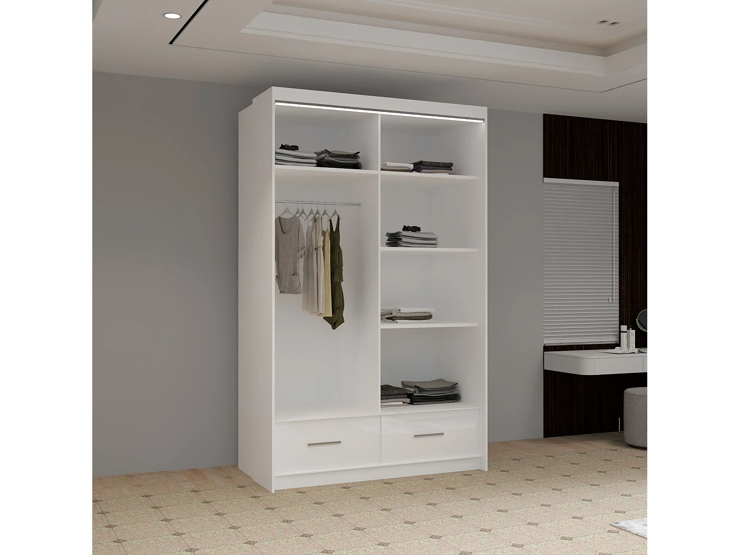 High Gloss Sliding Door Wardrobe with Mirror and Drawers - white 150cm - Derry