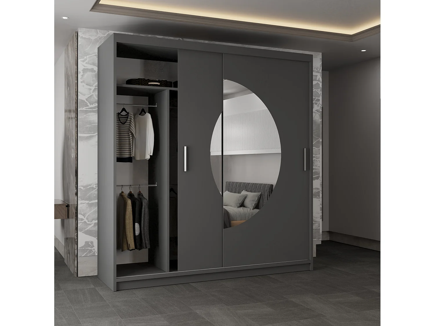 Sliding Wardrobe with Round Mirror - grey 203cm - Luna