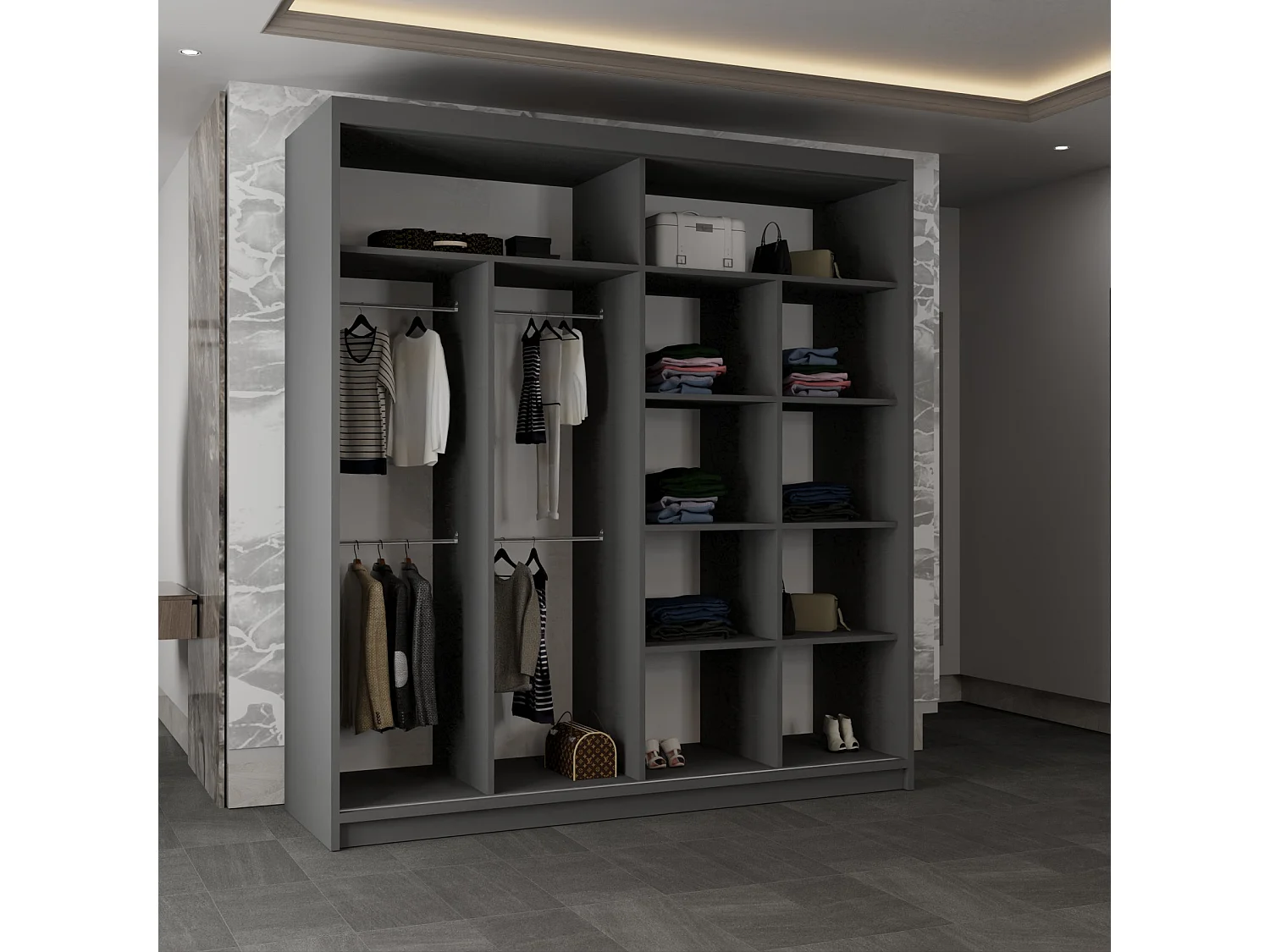 Sliding Wardrobe with Round Mirror - grey 203cm - Luna