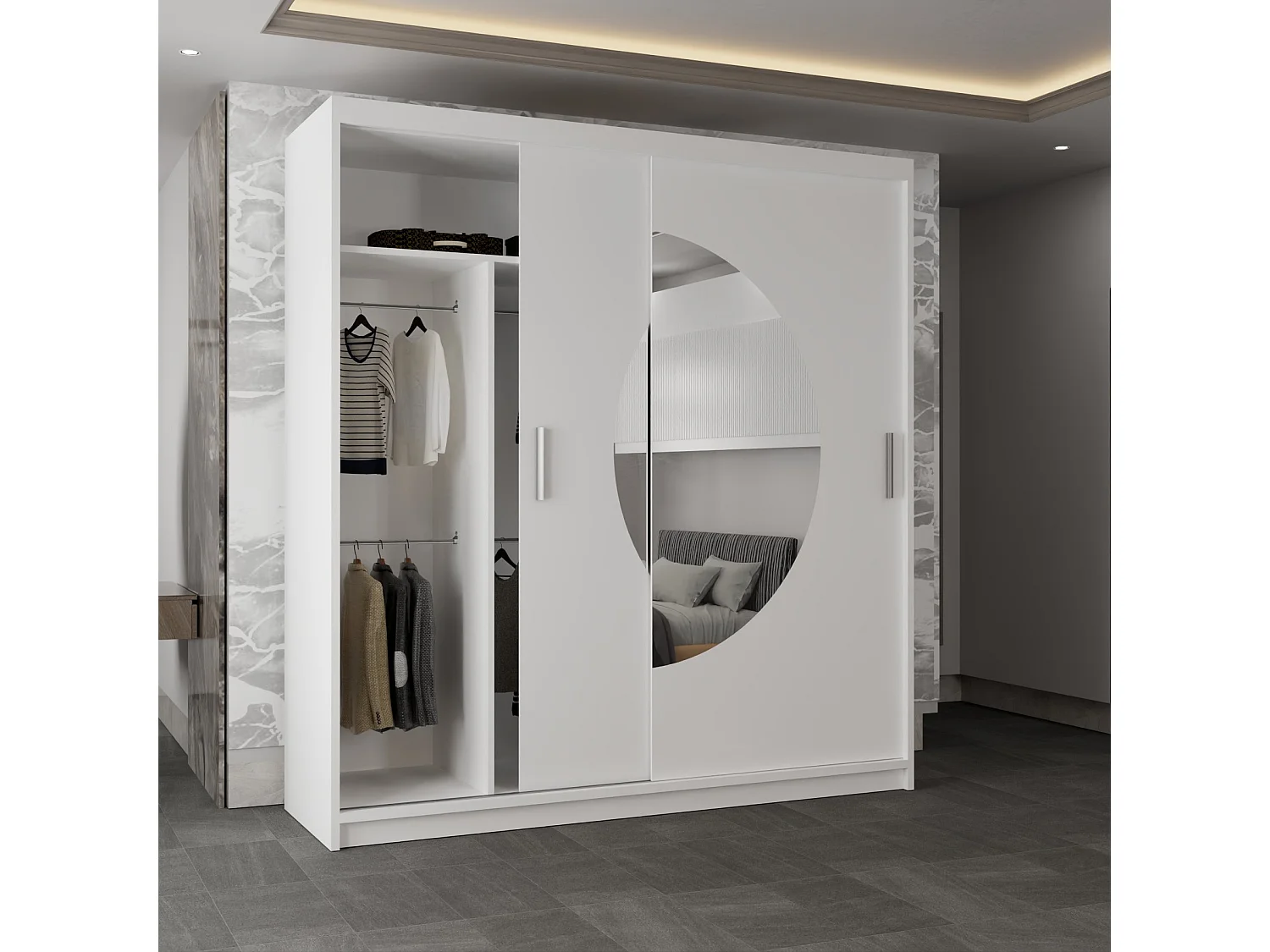 Sliding Wardrobe with Round Mirror - white 203cm - Luna